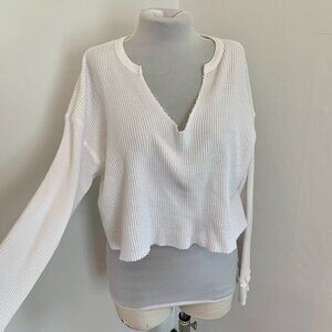 Forever 21 White Boho Thermal Waffle Crop Long Sleeve Henley Top Sweatshirt Soft